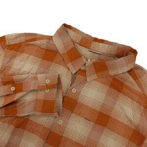 REI Co Op Shirt Mens M Orange Plaid Nylon Stretch Button Front Hiking Outdoor